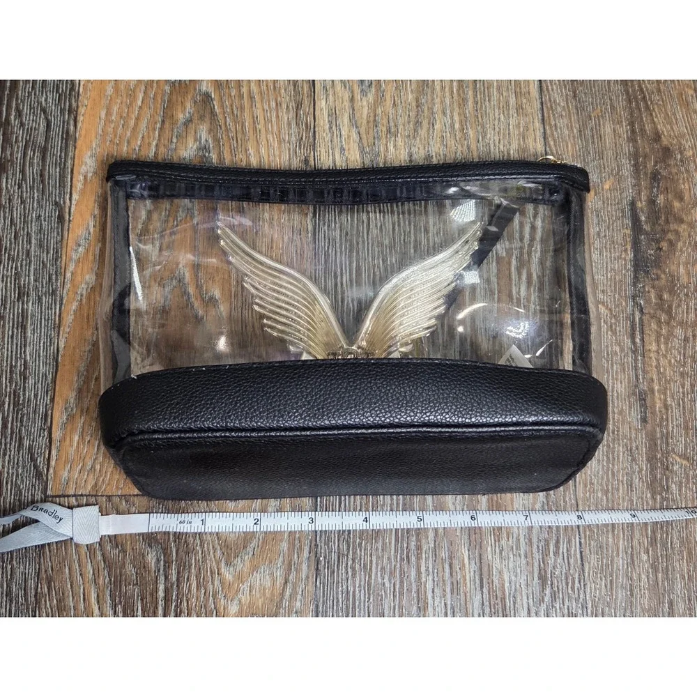 Victorias Secret Clear Makeup Bag Gold Angel Wings Black Pebbled Trim Pouch